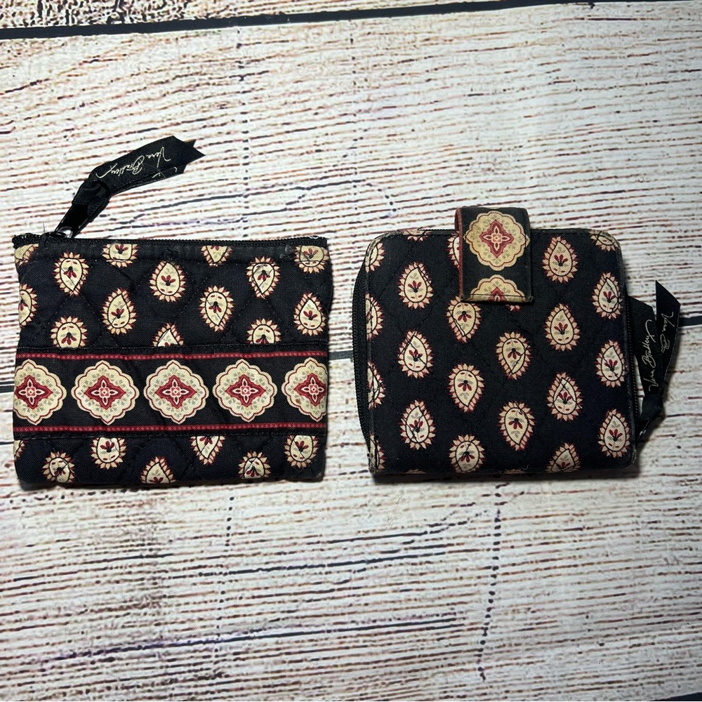 Vera Bradley Classic‎ Black Wallet Bifold Snap & Zip Change Purse Set Paisley